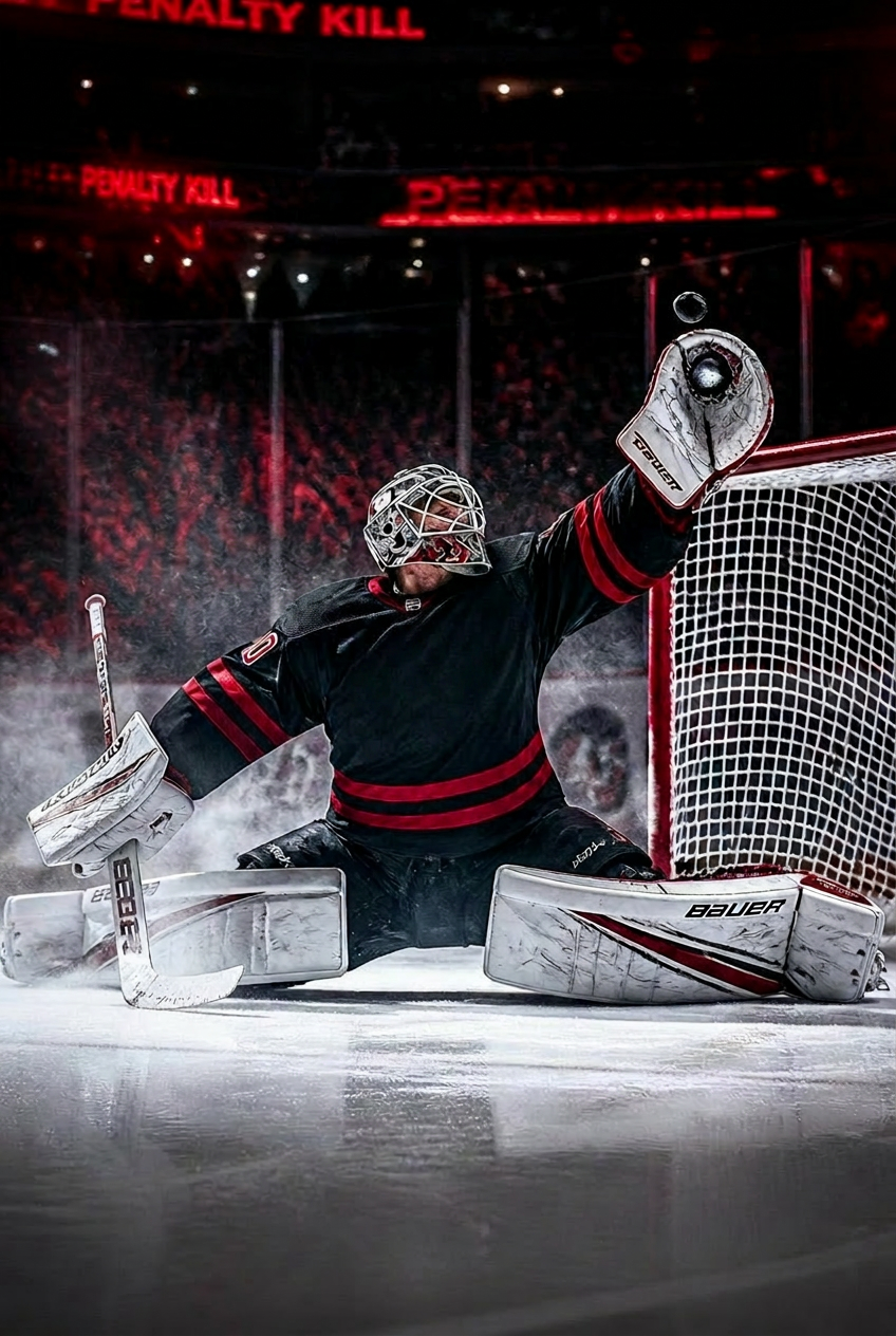 Goaltender making a dramatic save in red and black lighting
